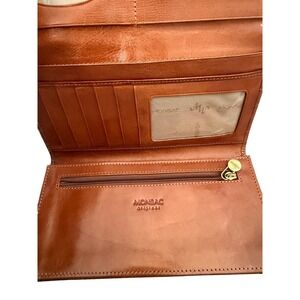 Monsac Tan Leather Crocodile Embossed Continental Tri-Fold Wallet Gold Hardware